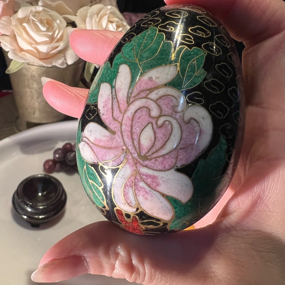 Vintage Cloisonne Black and Pink Floral Decor Egg